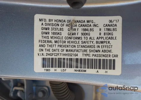 2017 Honda Civic Ex from USA, damaged, VIN 2HGFC2F71HH552164